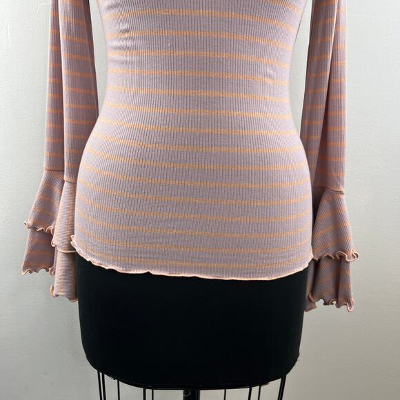 We The Free People Pink Orange Top Striped Ruffle Bell Sleeve Size X-Small XS - Picture 4 of 9